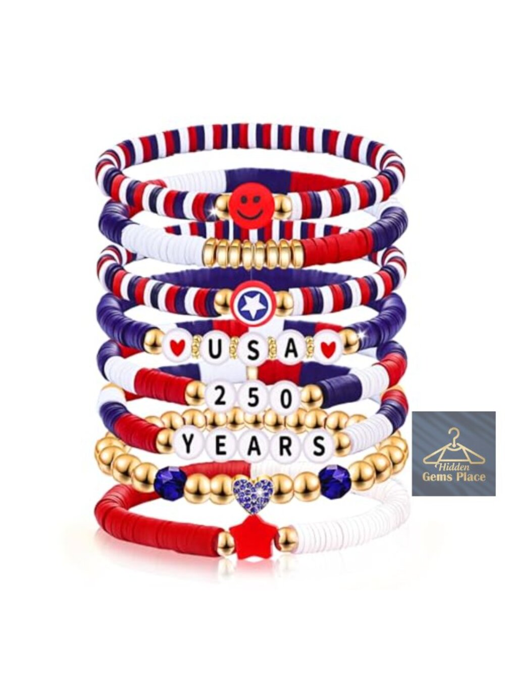 USA Patriotic Clay Beaded Stretch Bracelet 250th Anniversary Unisex Jewelry